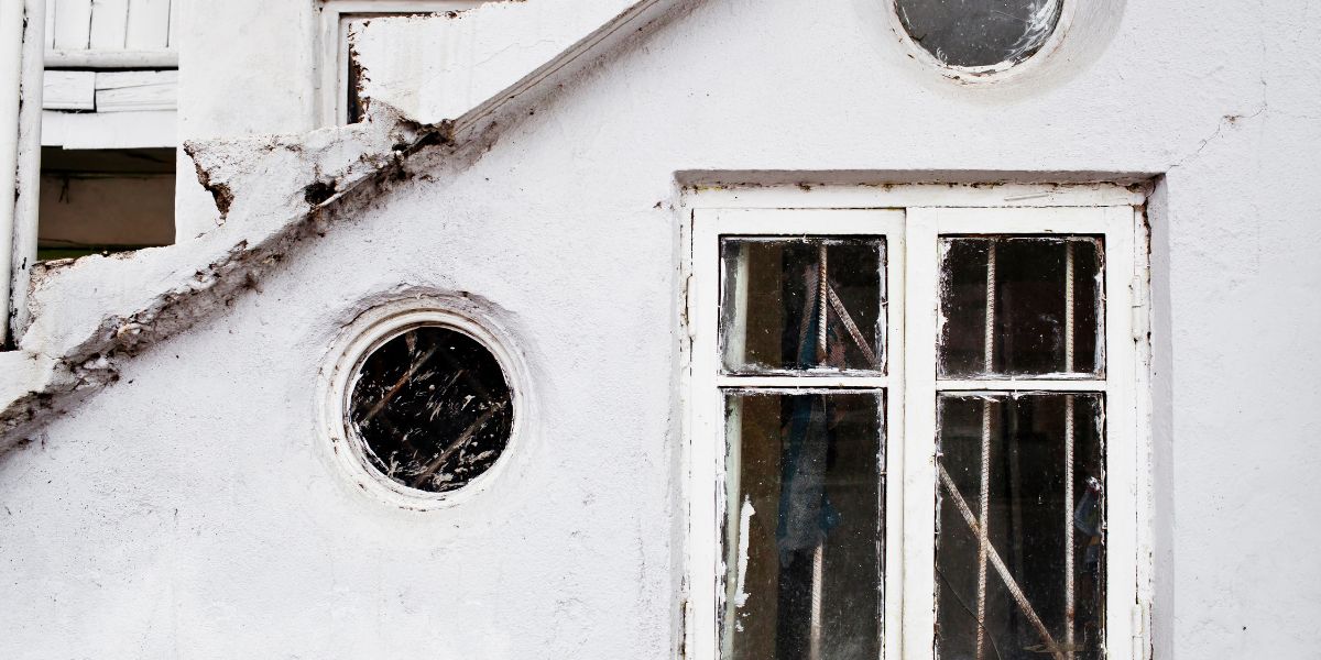 Exterior of a building with two round and one rectangular, weathered windows.