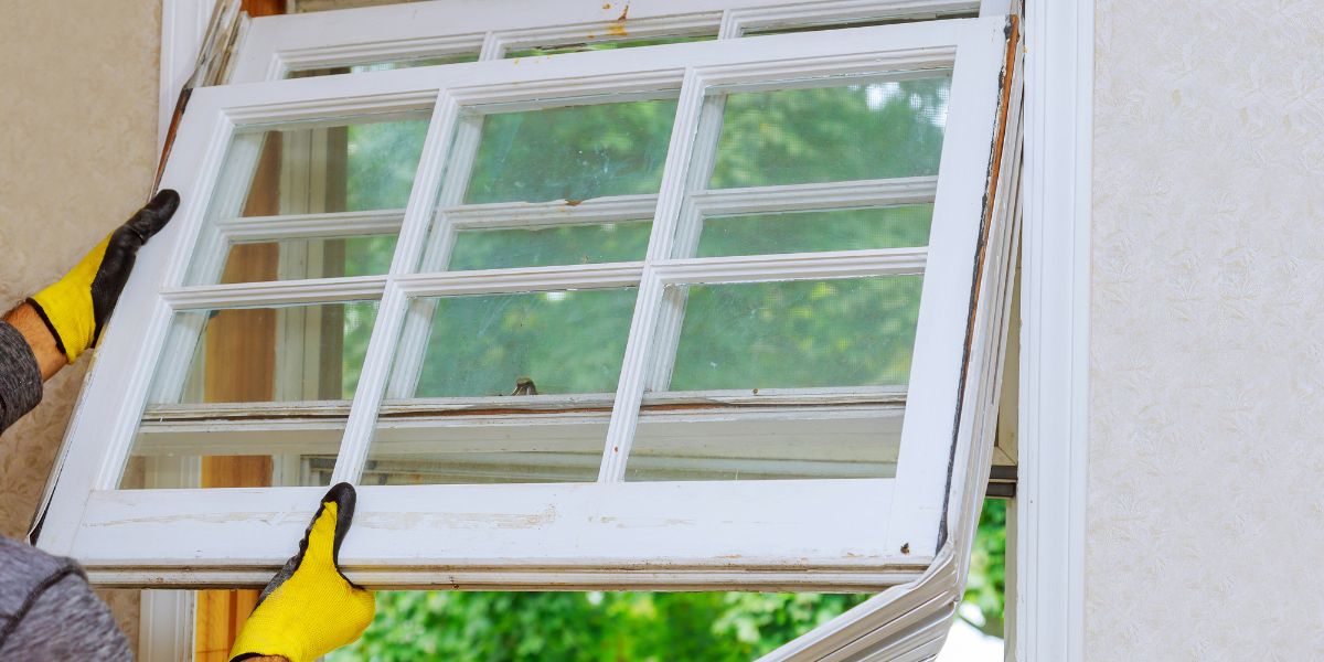 Person in yellow gloves removing an old window frame from a wall.